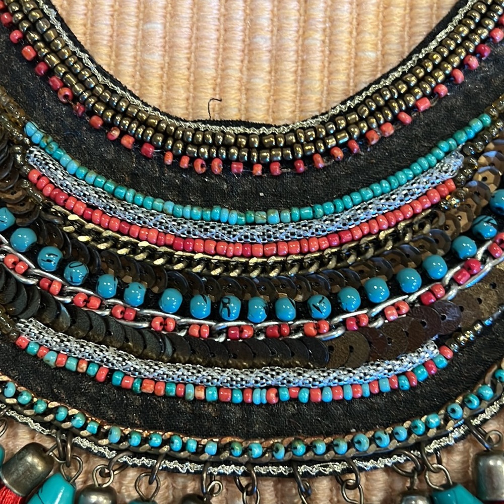 Tribal Bib Necklace with Faux Turquoise Beads - Picture 3 of 5